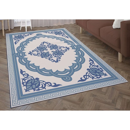 Transitional Living Room Area Rug With Nonslip Backing, Blue Medallion Pattern, 8 X 10 Ft